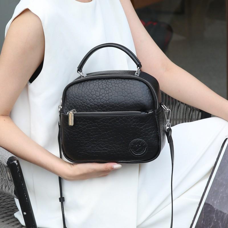 

Women s Bag Genuine Leather Handbag Simple Fashionable Small Round Toe Cover Layer Bubble Patterned Cowhide Shoulder Crossbody 6006 чёрный