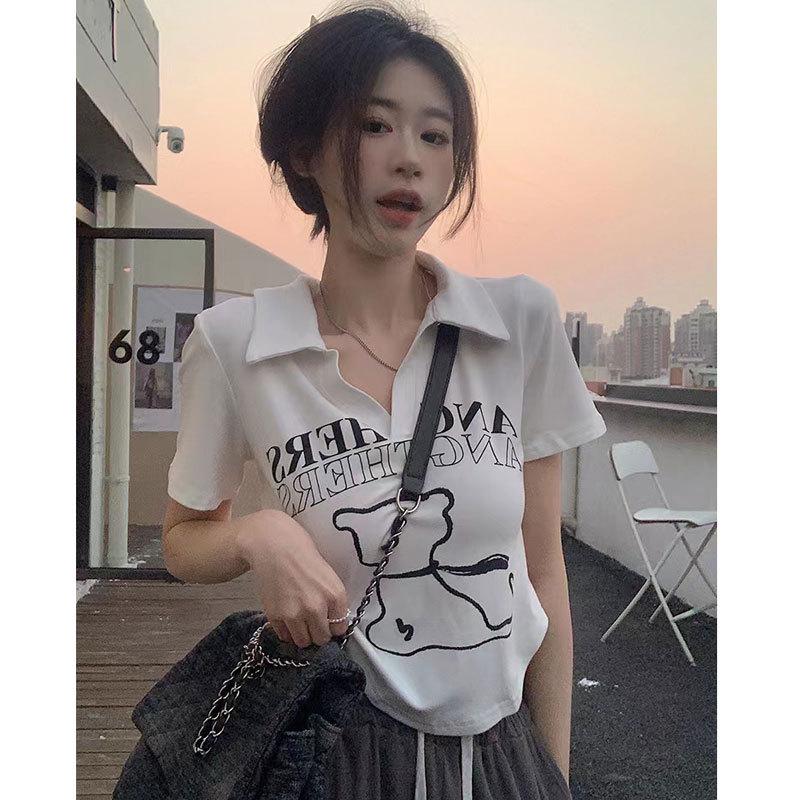 

Women s Summer White Polo Collar Short Sleeve Printed T-Shirt L (95-105 kg)
