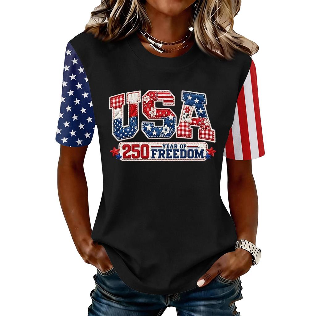Blusa Feminina da Moda Casual de Manga Curta com Estampa e Gola Redonda