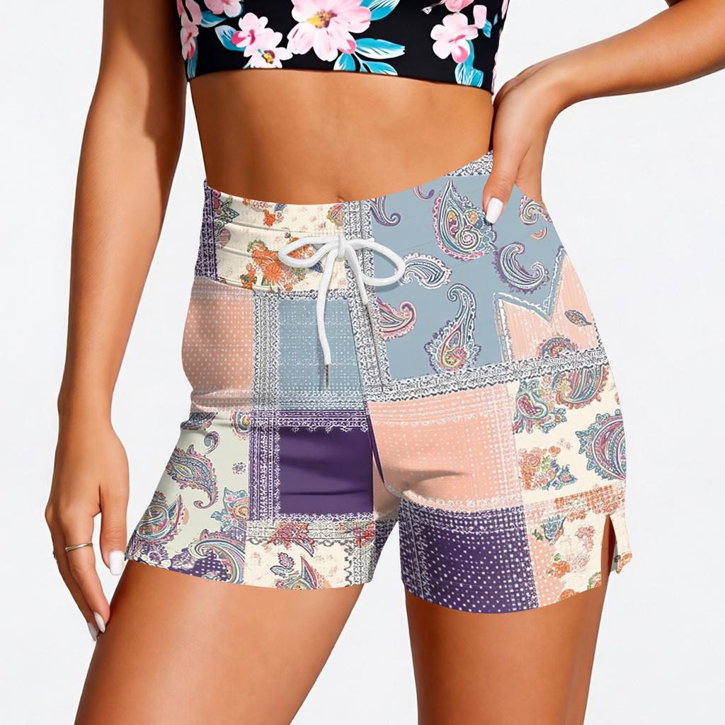 Women High Waist Drawstring Patchwork Print Athletic Shorts Lightweight Stretch Casual Sports Bottoms for Training