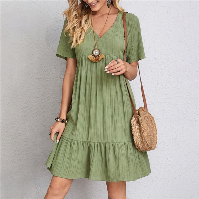 

Fashion Fashion Casual Pleated Short Sleeves Dress Female Fashion Casual Sexy Solid Dress Green 2XL