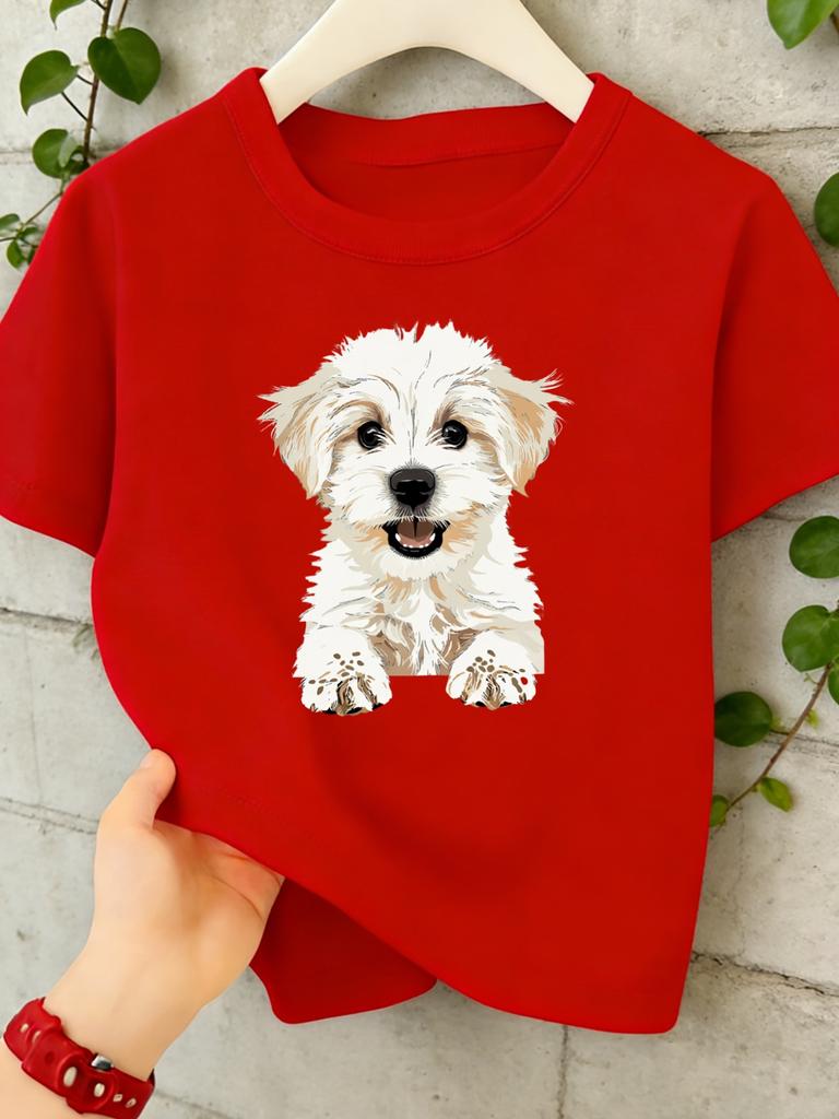 Cute Fluffy White Puppy Dog Graphic Kids T Shirt Boys Girls Short Sleeve Crew Neck Cotton Parent Matching Casual Toddler Youth