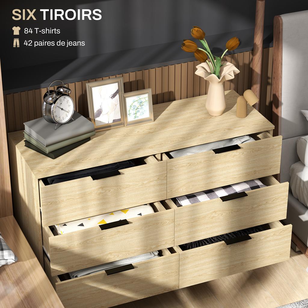 6-Drawer Chest Modern Chest of Drawers for Bedroom with Anti-Tip Design 110L x 40W x 75H cm Wood Look
