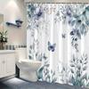 1pc Blue Lavender Floral and Butterfly Shower Curtain - with soft petals and translucent butterflies, polyester fabric with hook