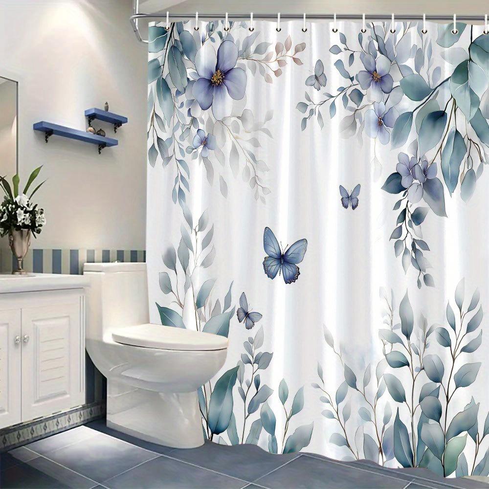 1pc Blue Lavender Floral and Butterfly Shower Curtain - with soft petals and translucent butterflies, polyester fabric with hook