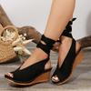 2025 summer new European and American style solid color round head fish mouth winding belt women's fashion large size wedge sandals