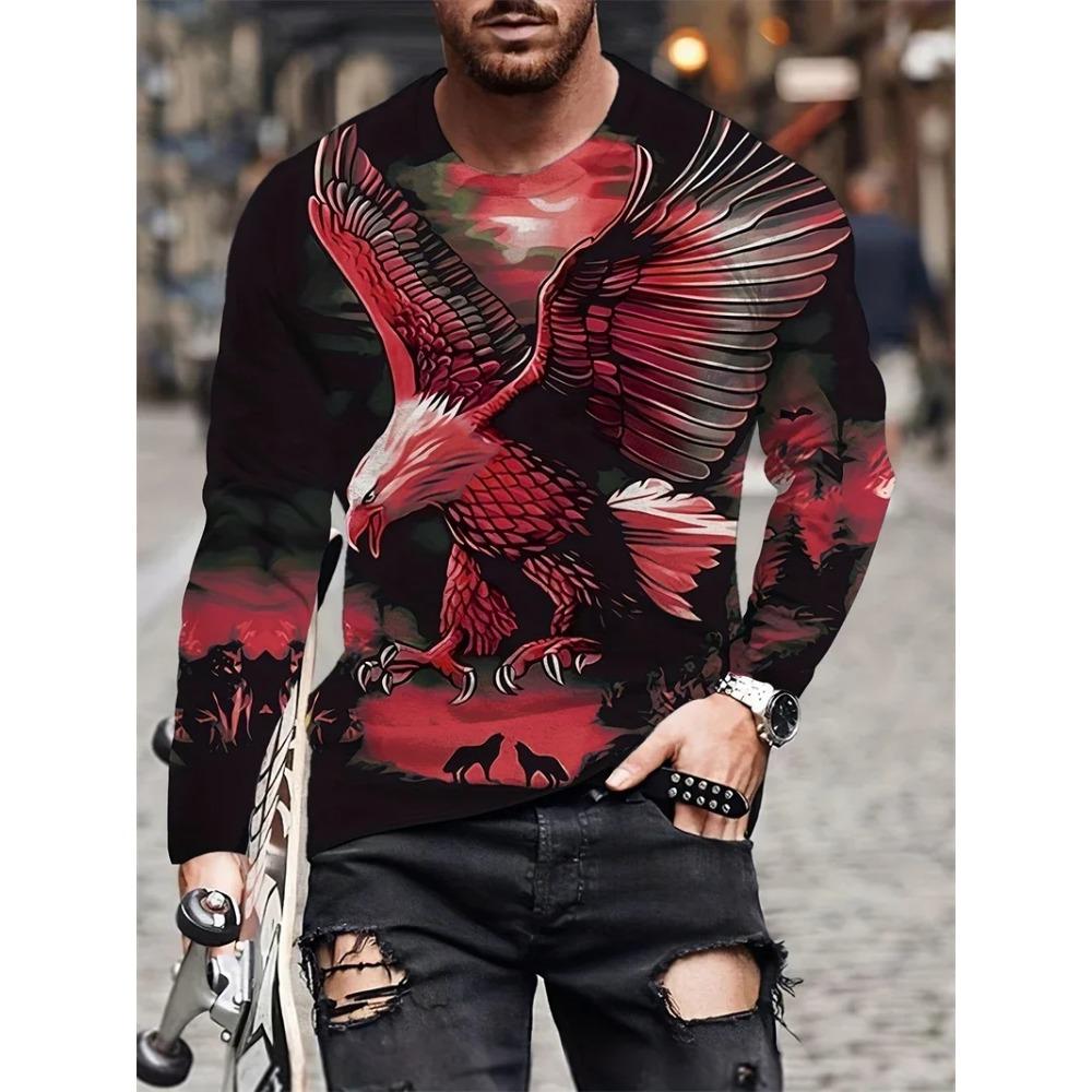 Street trend 3D eagle print men's casual round neck long sleeved T-shirt