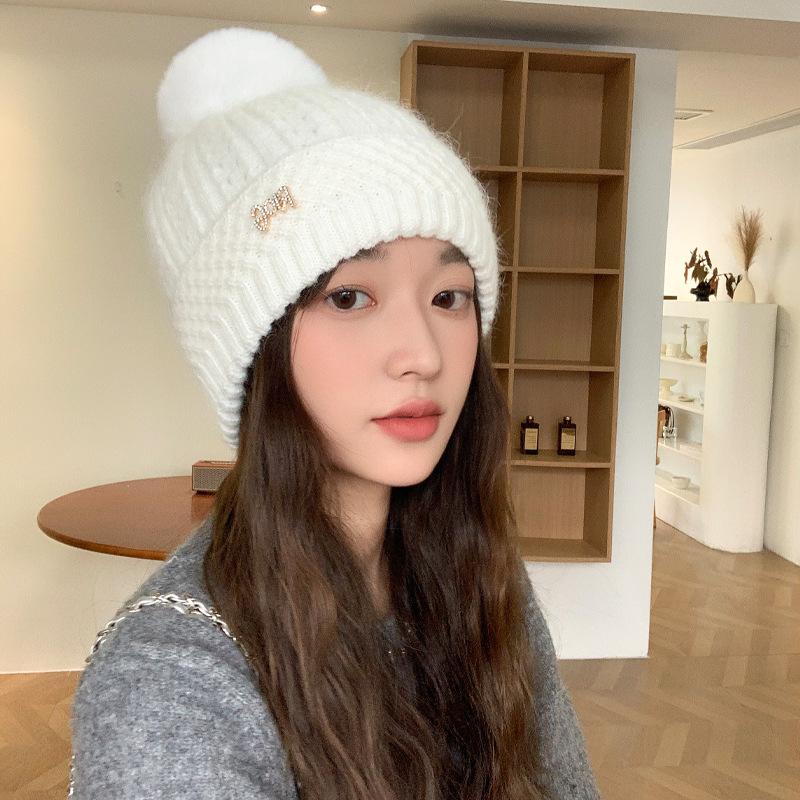 Korean New Autumn and Winter Hat for Women's Winter Household Warm Knitted Wool Hat Letter Diamond Mark Warm Ear Protection Head Hat