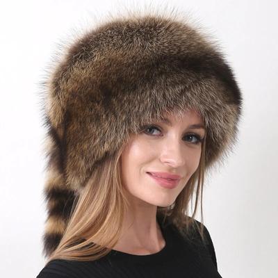 New Winter Hats for Women with Tail Fluffy Raccoon Outdoor Cozy Snow Round Hat