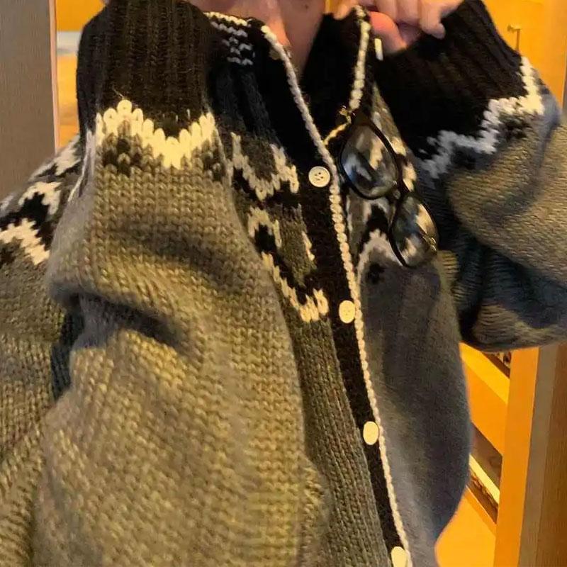 Vintage Spliced Knitted Cardigan Men's Clothing Round Neck Autumn Winter Single-breasted Fair Isle Long Sleeve Sweaters