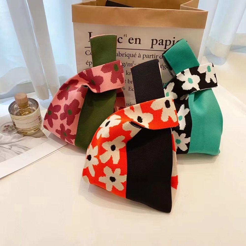 Women Girls Reusable Knit Handbag Heart Flower Wrist Bag Handmade Knot Tote Bag Shopping Bags Outdoor Casual Accessories