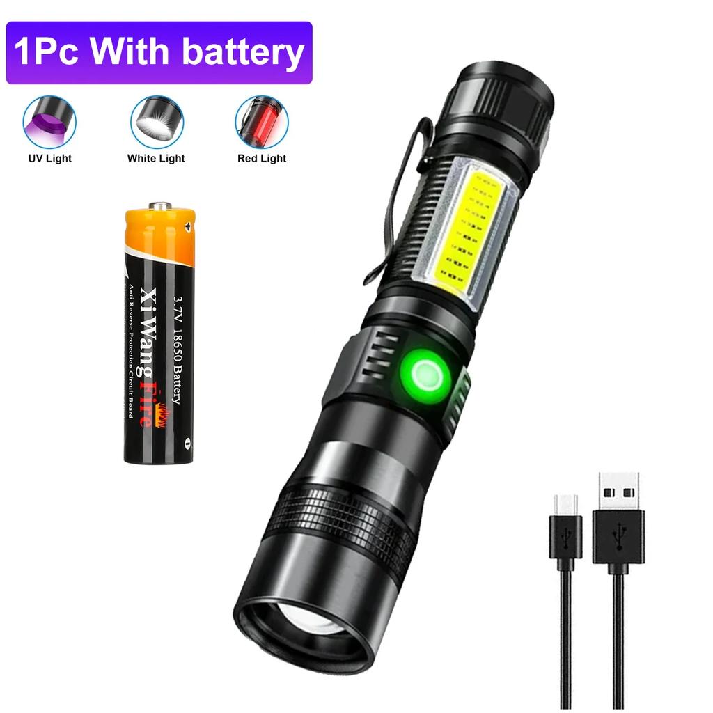 UV Light & Strong Light Flashlight USB Rechargeable Camping Lantern Pets Urine Stains Black Light Led Ultraviolet Torch Lamp