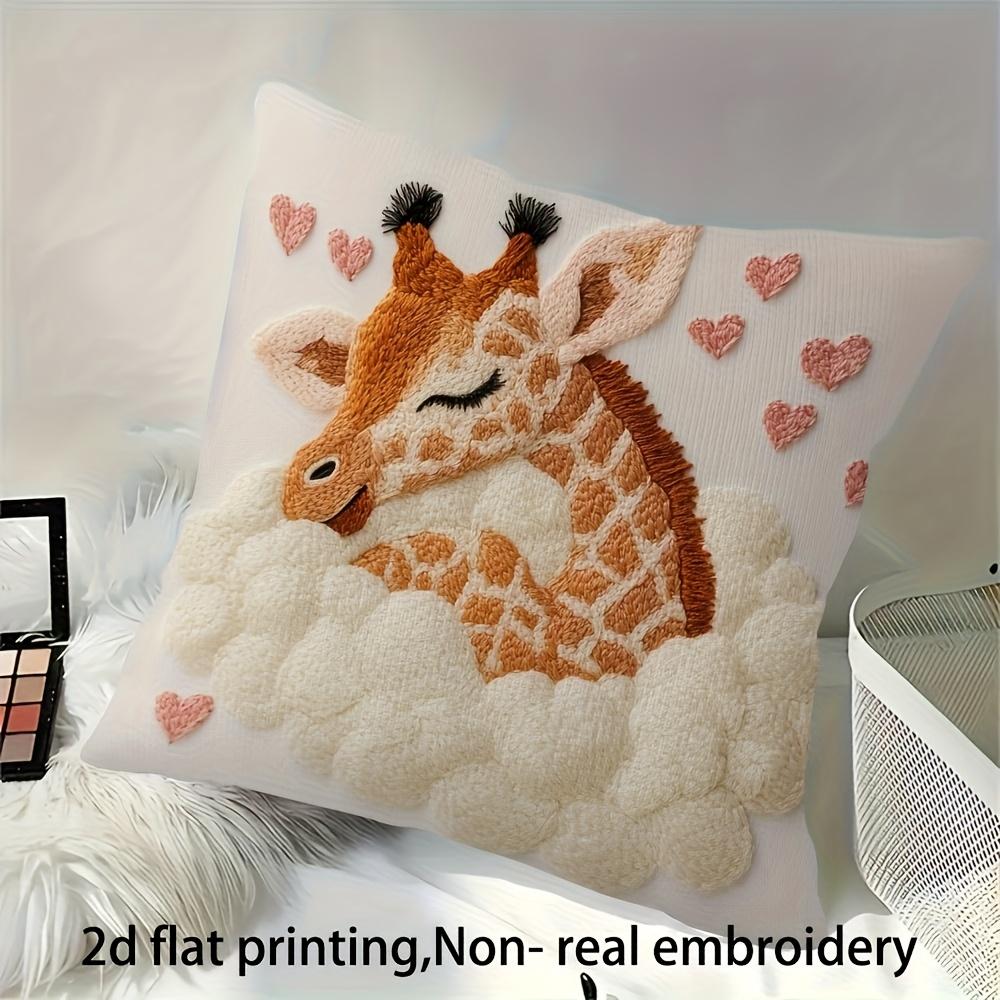 Cute Giraffe Pillow Cover 2D Faux Embroidery Print Cloud Heart Animal Cushion Case For Sofa Bed Couch Cozy Home Decor