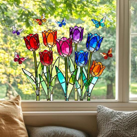 Tulip Stained Glass Window Film Decorative Tulip Bouquet Butterfly Window Cling Reusable Static Glass Sticker for Bathroom Living Room
