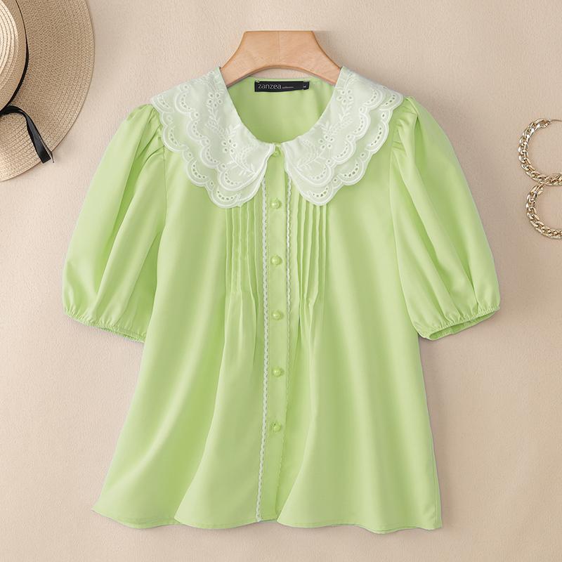 

ZANZEA Жіноча повсякденна літня блуза з коротким рукавом з коміром для ляльки 5XL зелений