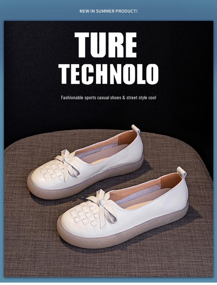 Women's White Cowhide Leather Casual Shoes - Spring/Summer 2025, Soft Jelly Sole, Flat Design