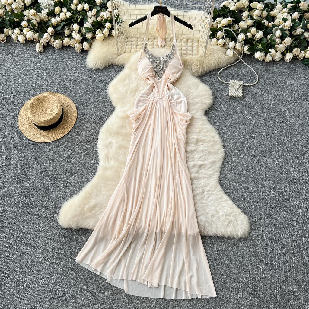Summer Women Sexy Halter Open Back Luxury Beading Metal Fold Lace Evening Party Slim Long Maxi Dresses