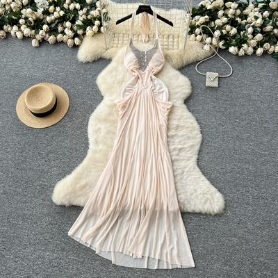 Summer Women Sexy Halter Open Back Luxury Beading Metal Fold Lace Evening Party Slim Long Maxi Dresses