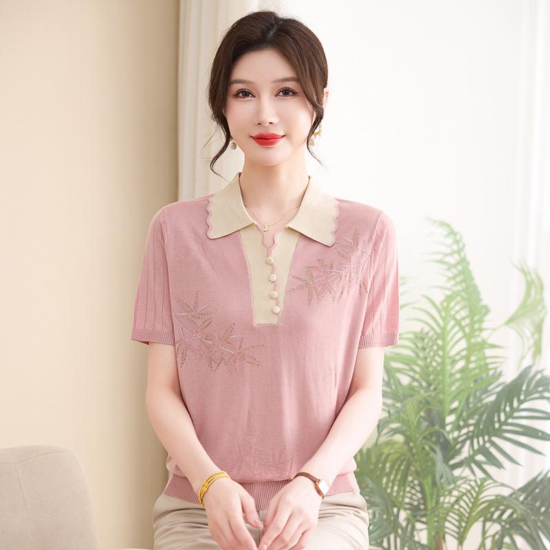 Mom s Summer Tencel Knit Lapel T-Shirt - Stylish Short-Sleeved Top for Women 3XL (120-135 lbs) розовый
