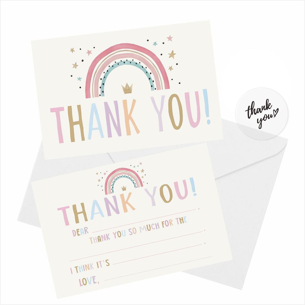 10/50Pcs Rainbow Thank You Cards with Envelopes, Birthday Party Decor & Gift Cards, Appreciation Note Set