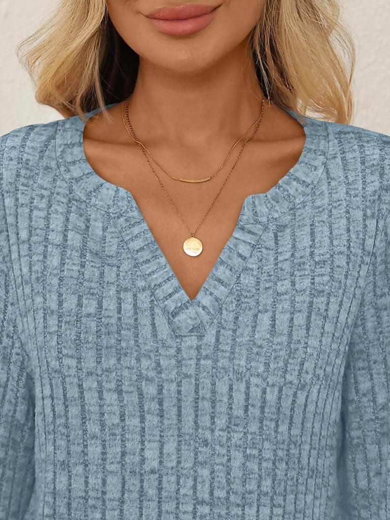 2025 Women's V-neck Ribbed Long-Sleeve T-shirt - Solid Color, Warm, Brushed Finish