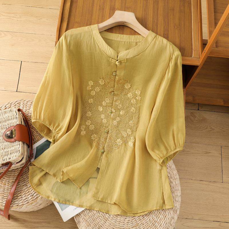 New Chinese cotton and linen embroidered shirt women's summer new loose stand-up collar single-row bead buckle loose top