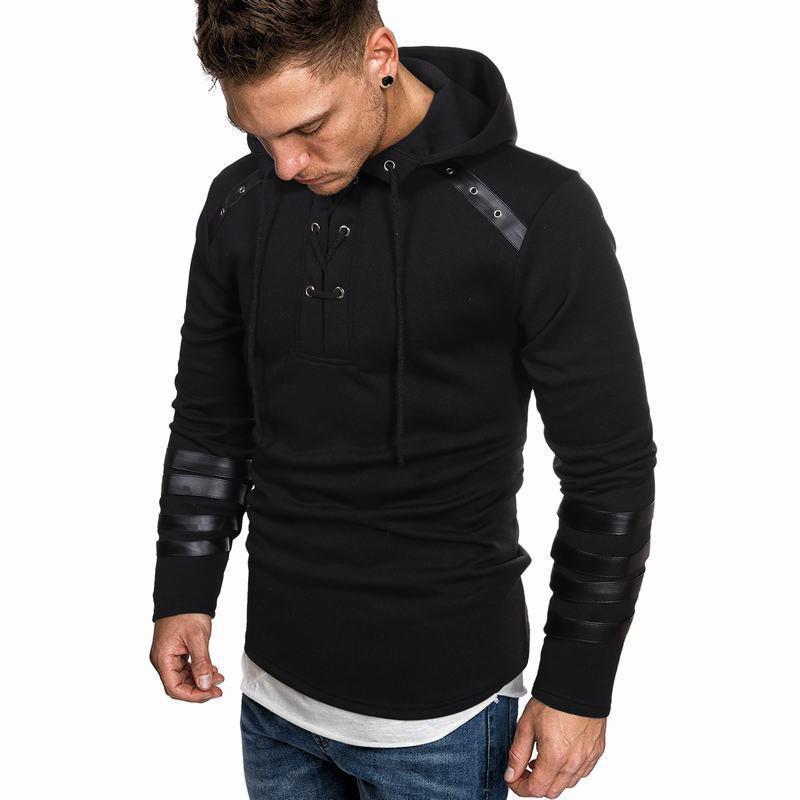 Autumn And Winter Hooded Men'S Leather Casual Personalized Fashion Hoodie Patchwork Top For Men