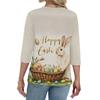 Camiseta de Manga Tres Cuartos con Botones y Cuello en V, Estampado de Conejo y Huevo de Pascua, Moderna y Casual para Mujer