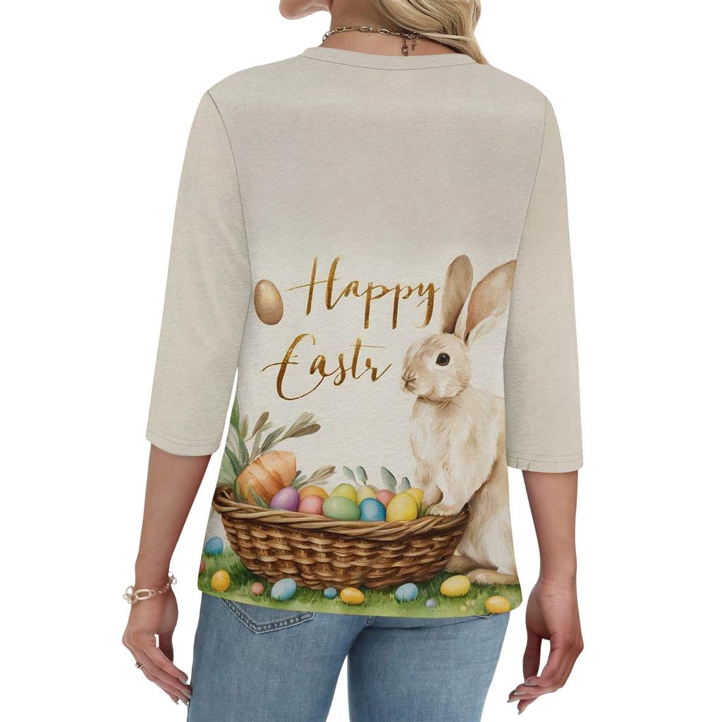 Camiseta de Manga Tres Cuartos con Botones y Cuello en V, Estampado de Conejo y Huevo de Pascua, Moderna y Casual para Mujer