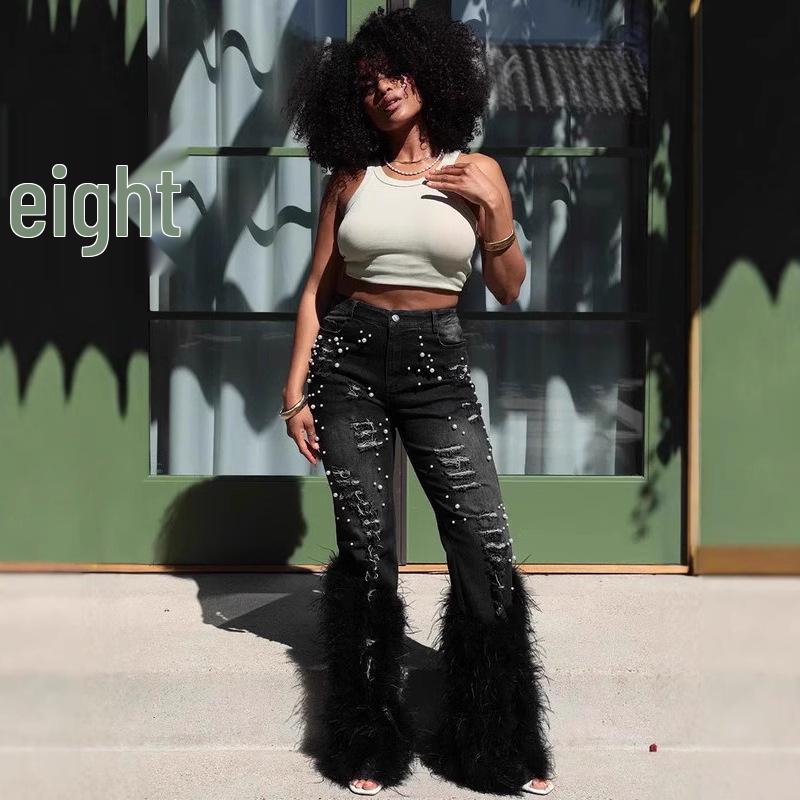 

High Waist Distressed Pearl Feather Embellished Jeans Small чёрный
