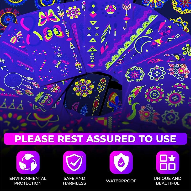 Women's Rave Festival UV Neon Body Face Temporary Tattoos Waterproof Fluorescence Fluorescent Fluorescent Tattoo Stickers 20