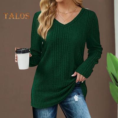 Women Tunic Sweater V-Neck Long Sleeve Solid Color Ribbed Casual Tops Slim Fit Knitted Loose Fit Fall Tops