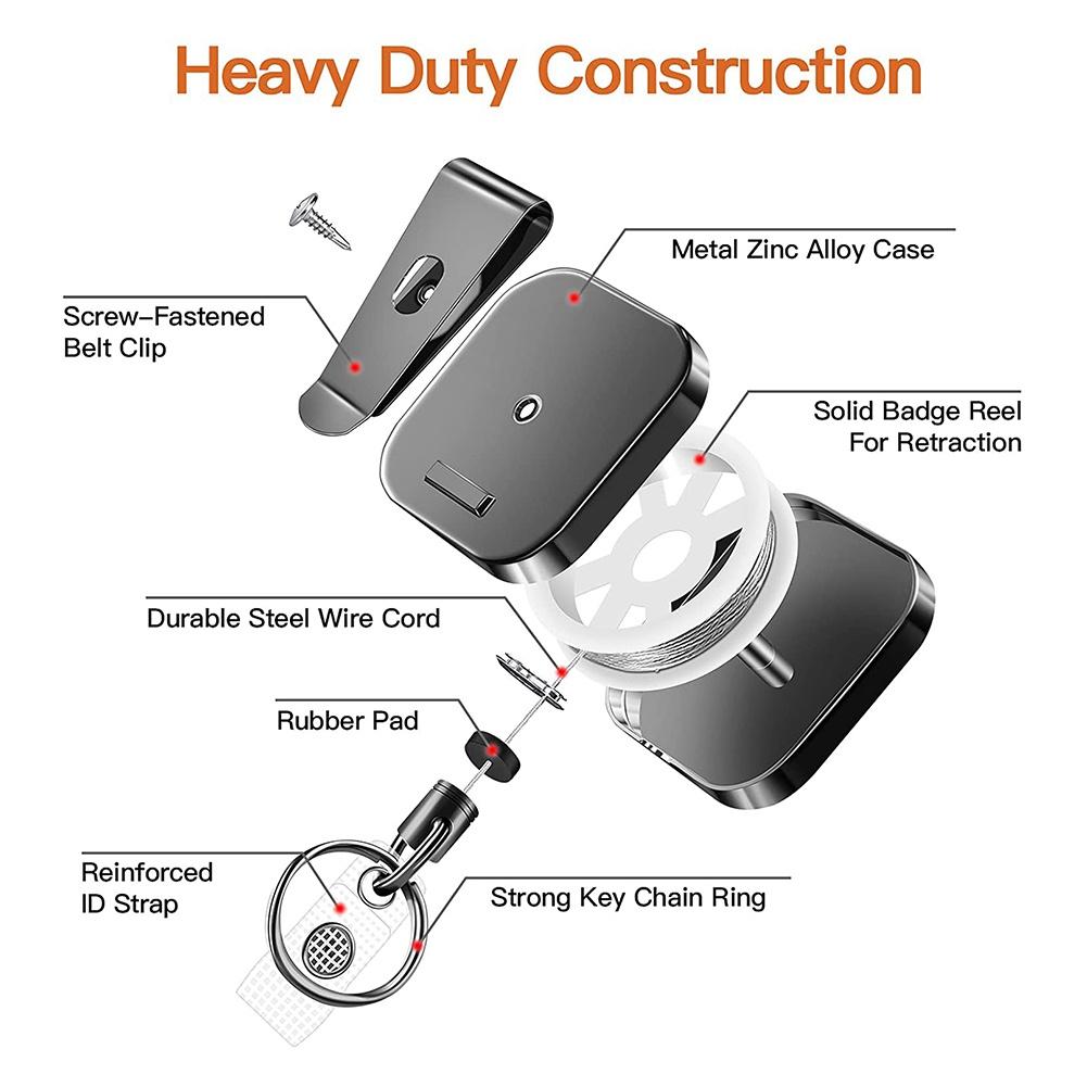 Heavy Duty Metal Retractable Carabiner Keychain Belt Badge Reels Clip Reinforced Steel Wire Cord