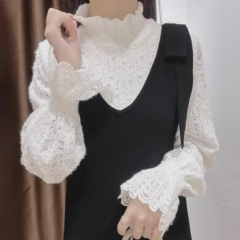 Women's Thickened Velvet Lace Half-Turtleneck Top - Elegant Autumn/Winter 2024 Fashion