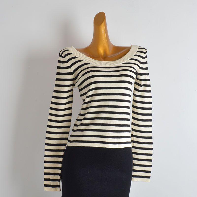 French style New Contrast Color Stripe U Collar Open Collarbone Pullover Knit Women Autumn and Winter Loose Bottoming Shirt Long sleeve Top