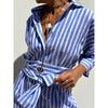 Women's Striped Shirt Dress Midi Length Button Front Belted Turn Down Collar Casual Dress