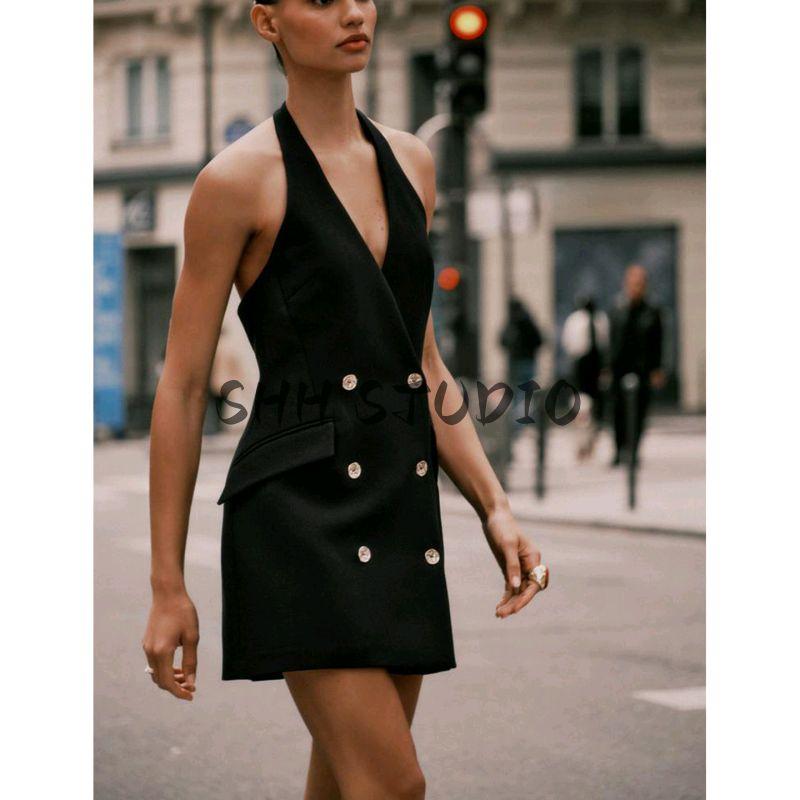 New Fall Women's Clothing Open Back Sexy Double Row Button Hanging Collar Mini Business Suit and Dress 3608536
