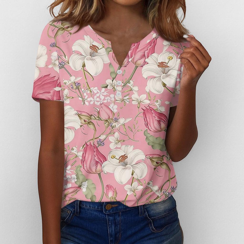 Women’s Short Sleeve V Neck Blouse with Button Floral Print Casual Loose Fit Lightweight Top Shirt