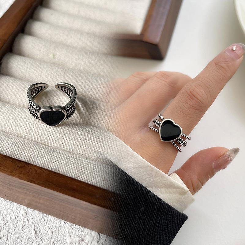 Black Drip Glaze Retro Thai Silver Jewelry Women's Non-fading High-end Open Ring
