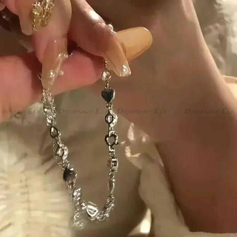 Y2K Zircon Korean Bracelets Women Hollow Out Y2K Butterfly Chain Bracelet Ins Heart Sterling Silver Sweet Girls Jewelry Gifts