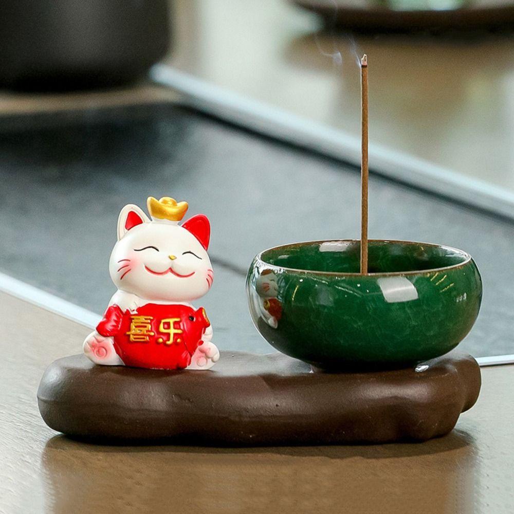 Gift Creative Lucky Cat Incense Burner Traditional Ceramic Incense Stick Holder Chinese Style Cute Tea Table Oraments Offices