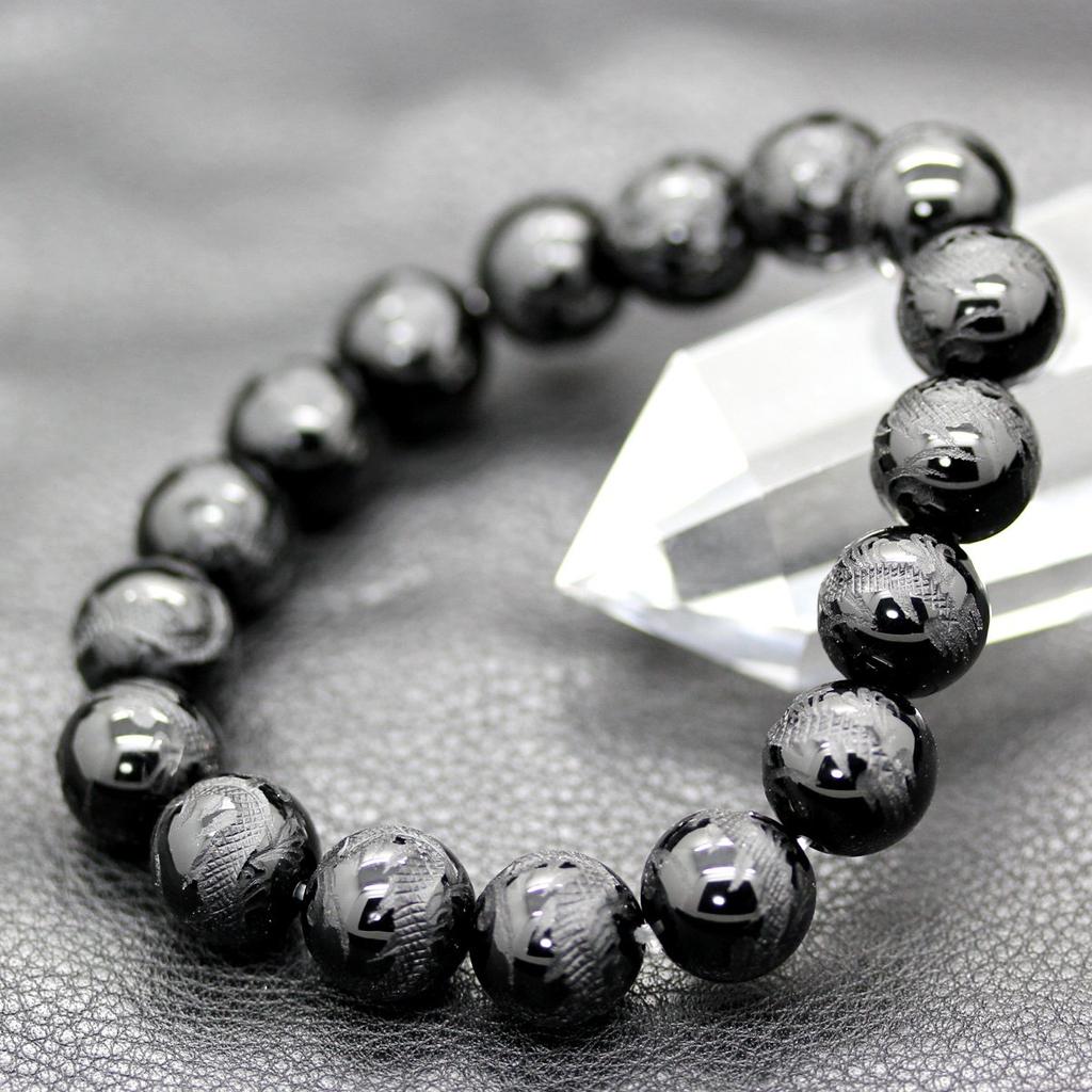 Natural Stone Carved Emperor Dragon Onyx 12mm Mala Bead Bracelet Power Stone [Sekki] Men's [b147]