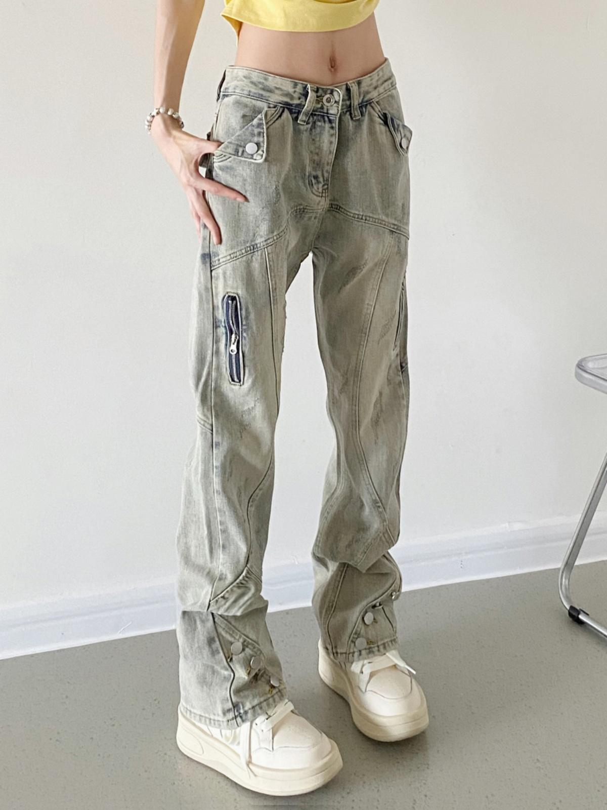 JYL Unisex Flare Jeans American HipHop Mud Dyed Zipper Slim Denim M чай зеленый