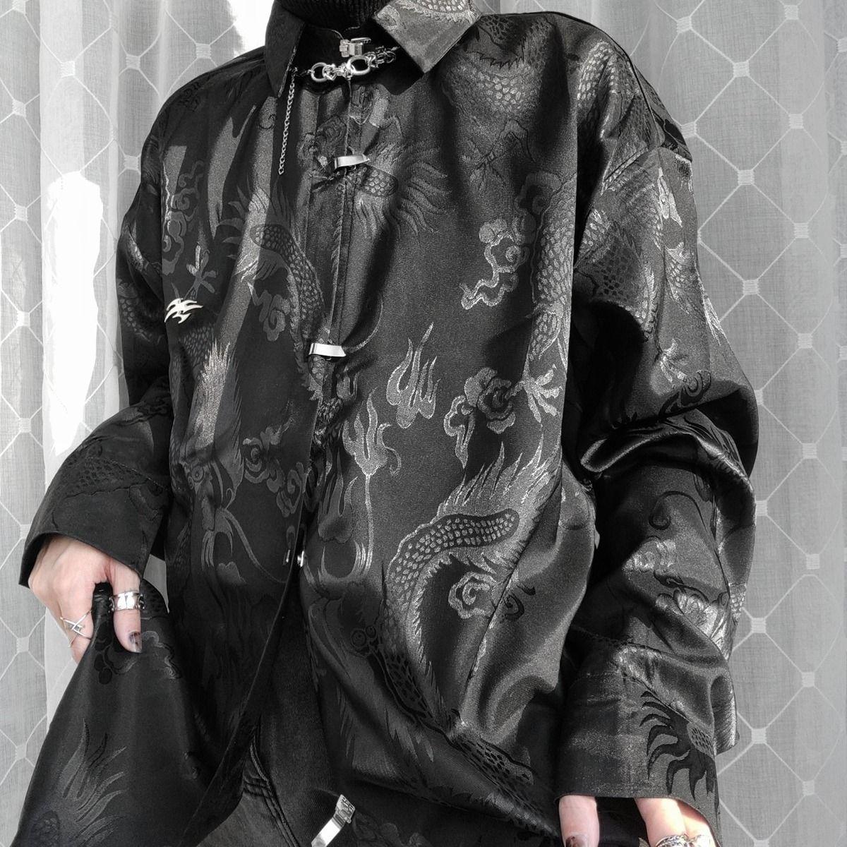 

Vintage Blouse Men Clothing Chinese Style Harajuku Fashion Dragon Jacquard Y2k Shirts Oversized Tops Blusas Mujer De Moda XXXL чорний