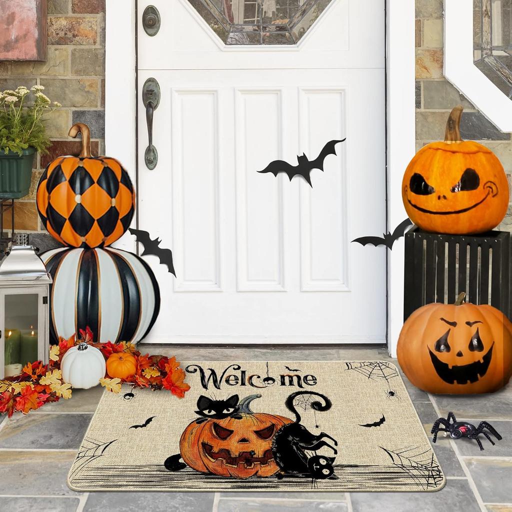 Halloween Doormat Pumpkin Black Cat Welcome Mat Indoor Outdoor Entryway Rug Halloween Home Decor