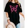 Oversized Black Tee Vibrant Pink Butterfly Dripping Wing Print Women's Edgy Streetwear Summer Top