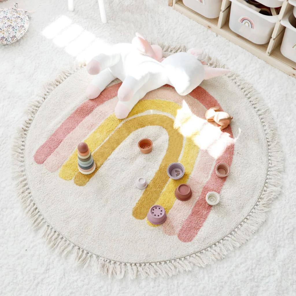Round Carpet for Children's Room Mat Home Decor Bedroom Decoration Children Rug Kids Cute Cartoon Tassel Mats Machine Washable