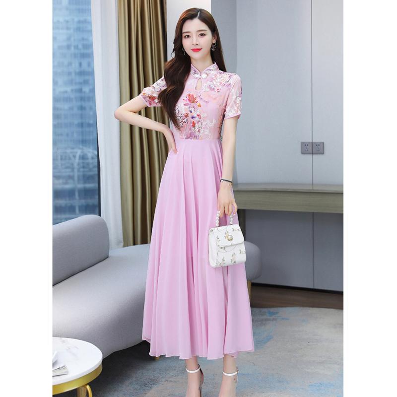 Women Chiffon Dress Chinese Style Printing Stand Collar Mid-length Retro Cheongsam Skirt