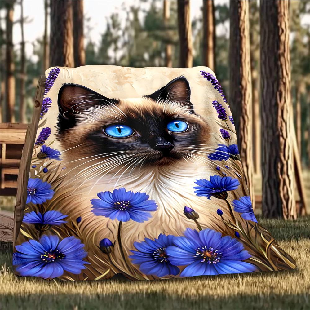 1pc Siamese Cat Print Print Outdoor Blanket, Lightweight Polyester,