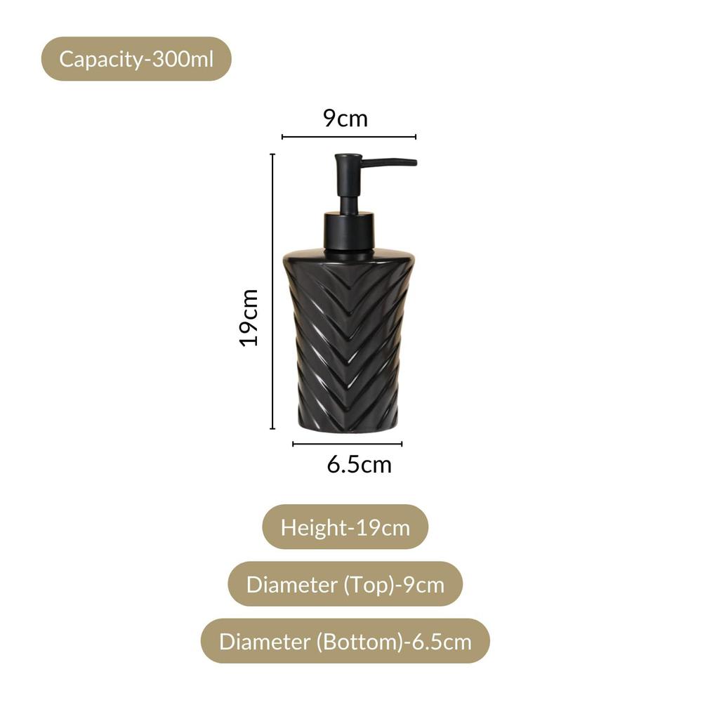 Keramický dávkovač tekutin s geometrickým designem | Láhev na mýdlo na ruce do kuchyně | Dávkovač mýdla do koupelny k umyvadlu | 300 ml (Černá)